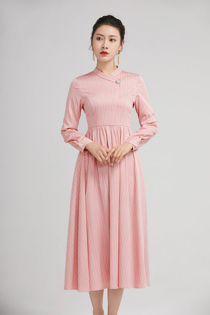 Pink Striped Polyester Midi Dress - Long Sleeves with Snap Button Detail 2230