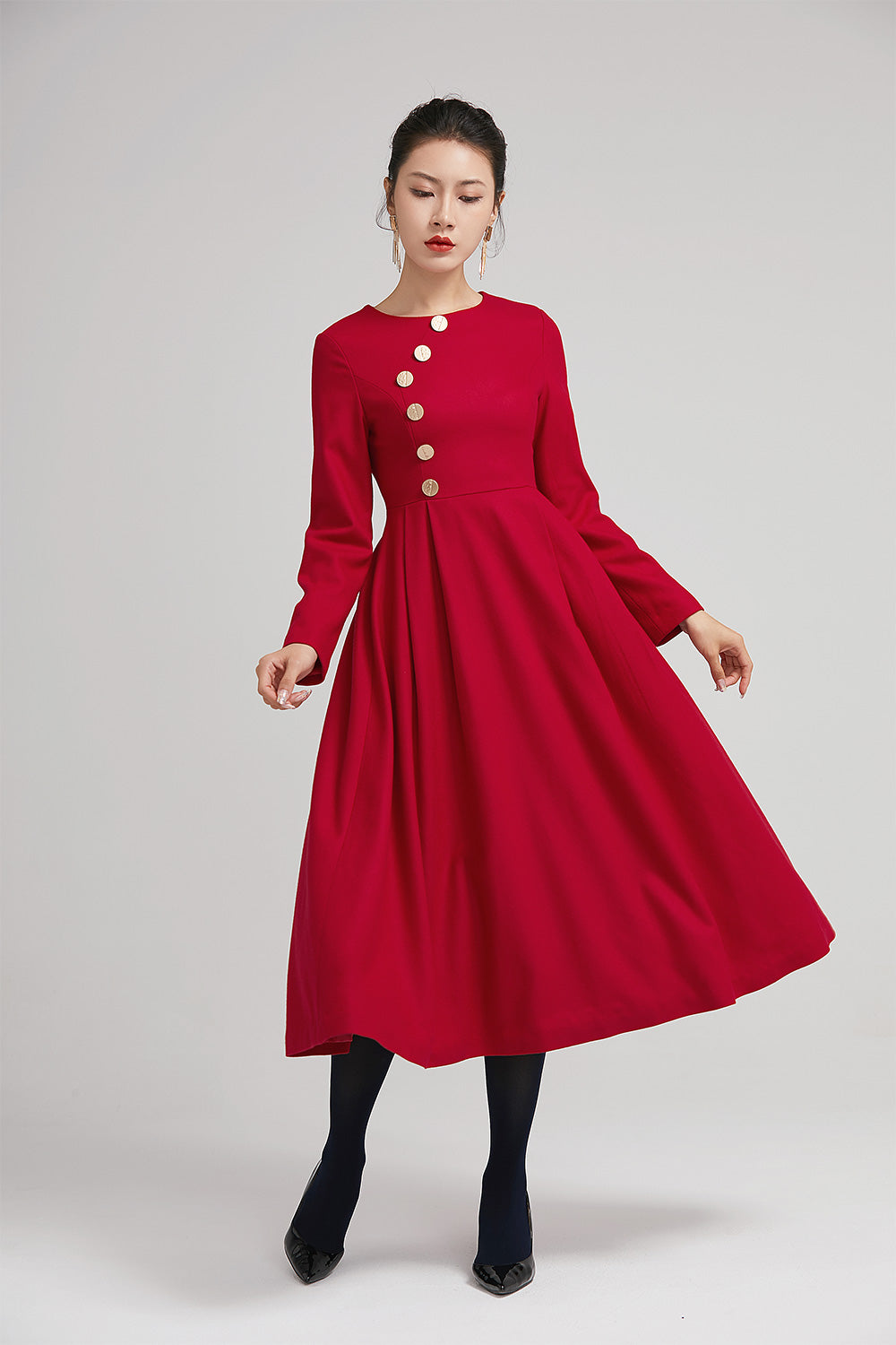 red warm winter midi pleated dress with button 2234 Xiaolizi red warm winter midi pleated dress with button 2234 Xiaolizi