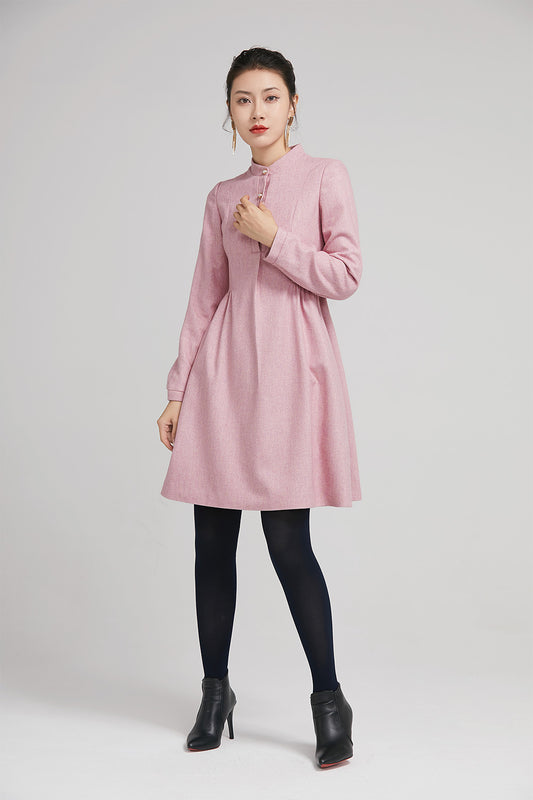 pink short wool winter dress with long sleeves and pockets 2240