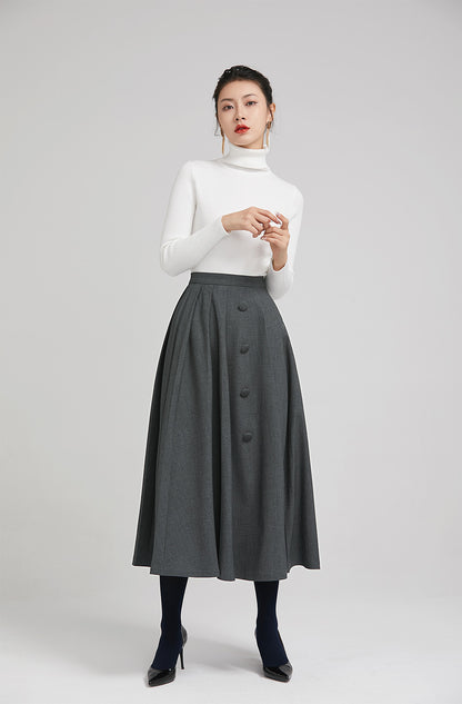 Grey Wool Pleated Midi Skirt - Asymmetrical Button Detail 2246