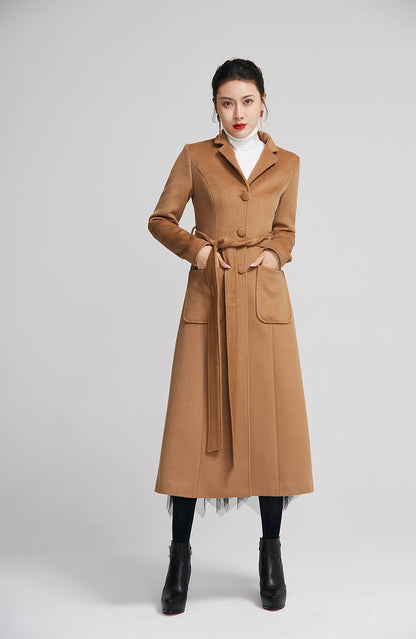 Handmade Camel Wool Coat – Elegant Long A-Line Winter Overcoat with Belt 2248