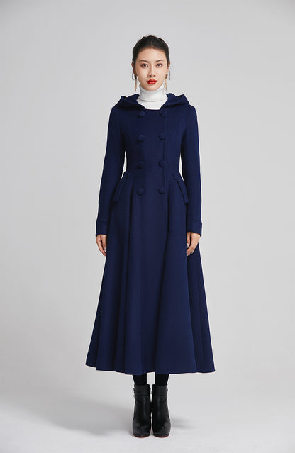 Blue Wool Coat - Double Breasted, Flared Winter Elegance 2250