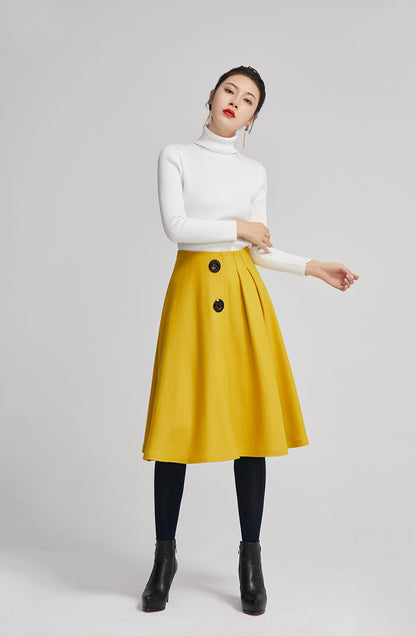 Yellow knee length pleated coat for women with high waist 2260