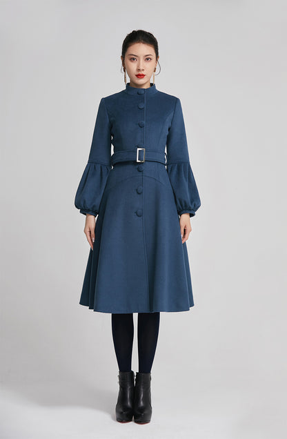 Blue women single breasted winter warm coat with pockets 2261