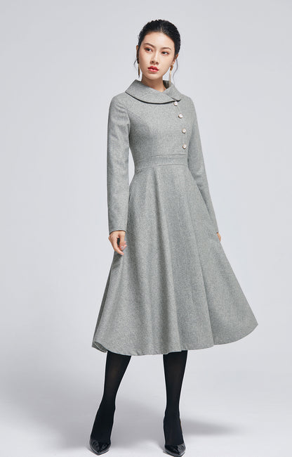 Handmade Wool Blend Dress – Elegant Light Gray A-Line Midi Winter Outfit 2267