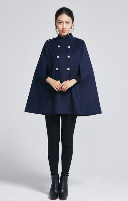 Xiaolizi Navy Wool Cape Coat for Women – Handmade Double-Breasted Winter Cape with High Collar 2279