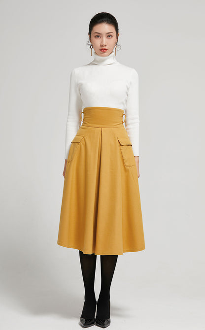 Mustard Wool A-Line Midi Skirt, High-Waisted Pleat 2302