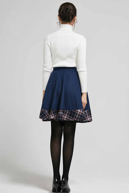 Handmade Patchwork Wool Mini Skirt – Navy Plaid High Waist Skater | Xiaolizi 2304