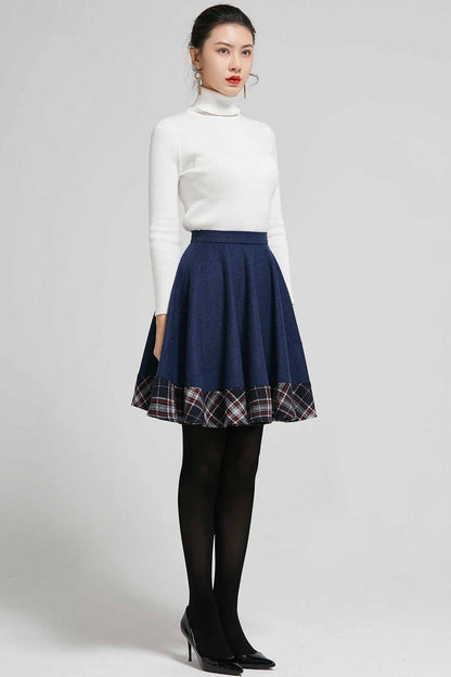 Handmade Patchwork Wool Mini Skirt – Navy Plaid High Waist Skater | Xiaolizi 2304