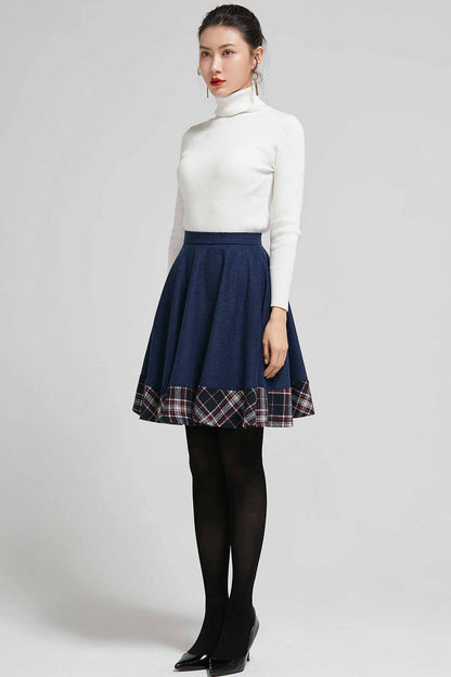 Handmade Patchwork Wool Mini Skirt – Navy Plaid High Waist Skater | Xiaolizi 2304