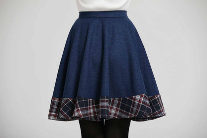 Handmade Patchwork Wool Mini Skirt – Navy Plaid High Waist Skater | Xiaolizi 2304