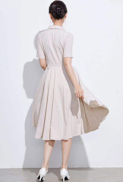 Classic Belted Shirt Dress – Beige Midi Pleated Dress for Women 2318