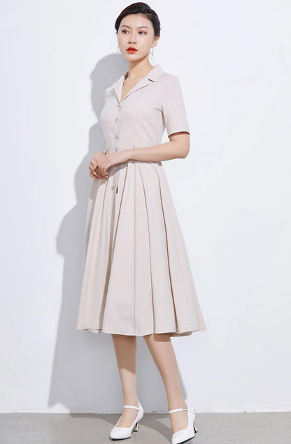 Classic Belted Shirt Dress – Beige Midi Pleated Dress for Women 2318
