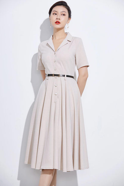 Classic Belted Shirt Dress – Beige Midi Pleated Dress for Women 2318