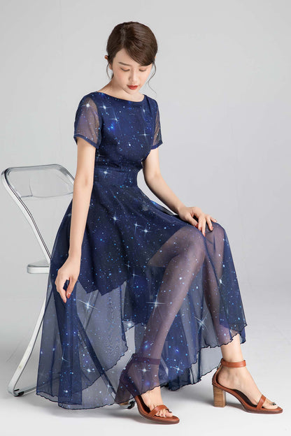 Navy Chiffon Midi Dress - Star Print Fit and Flared Silhouette 2334