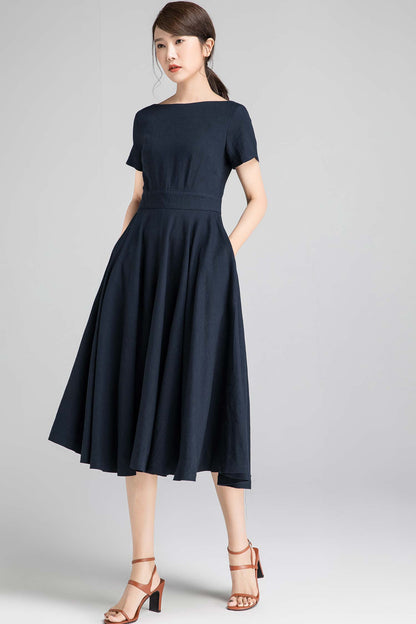 Navy Linen Cotton Swing Dress - Boat Neck Midi | Xiaolizi 2342