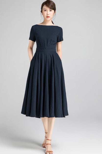 Navy Linen Cotton Swing Dress - Boat Neck Midi | Xiaolizi 2342