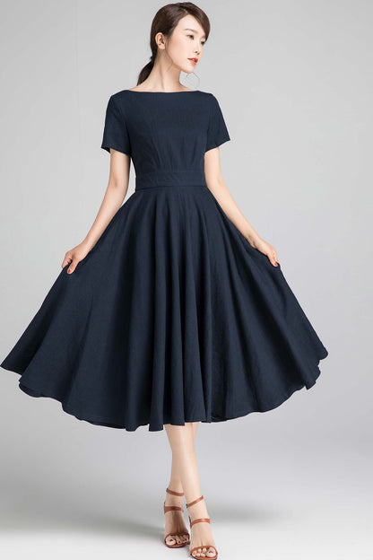 Navy Linen Cotton Swing Dress - Boat Neck Midi | Xiaolizi 2342