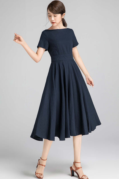 Navy Linen Cotton Swing Dress - Boat Neck Midi | Xiaolizi 2342