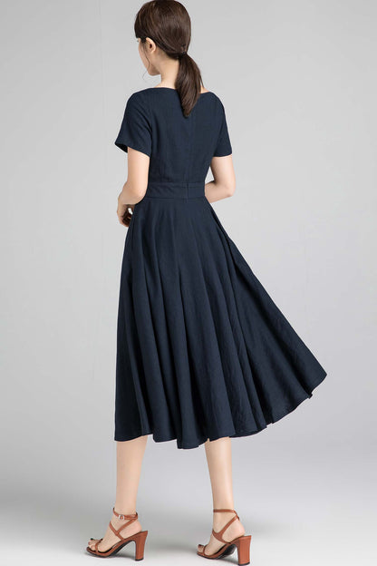 Navy Linen Cotton Swing Dress - Boat Neck Midi | Xiaolizi 2342
