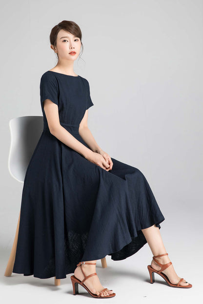 Navy Linen Cotton Swing Dress - Boat Neck Midi | Xiaolizi 2342