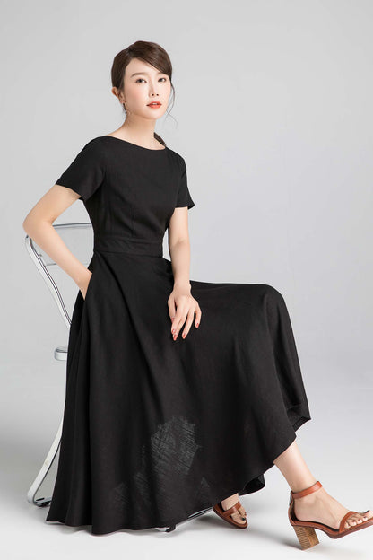 Black Linen Cotton Fit and Flare Midi Dress - Pockets | Xiaolizi 2343