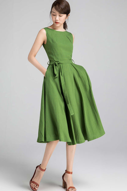 Green Linen Midi Dress - Sleeveless Fit and Flare with Pleated Neckline 2346