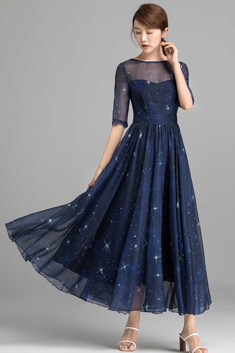 Summer Women Blue Starry Sky Swing Chiffon Midi Dress 2353# Xiaolizi Summer Women Blue Starry Sky Swing Chiffon Midi Dress 2353# Xiaolizi