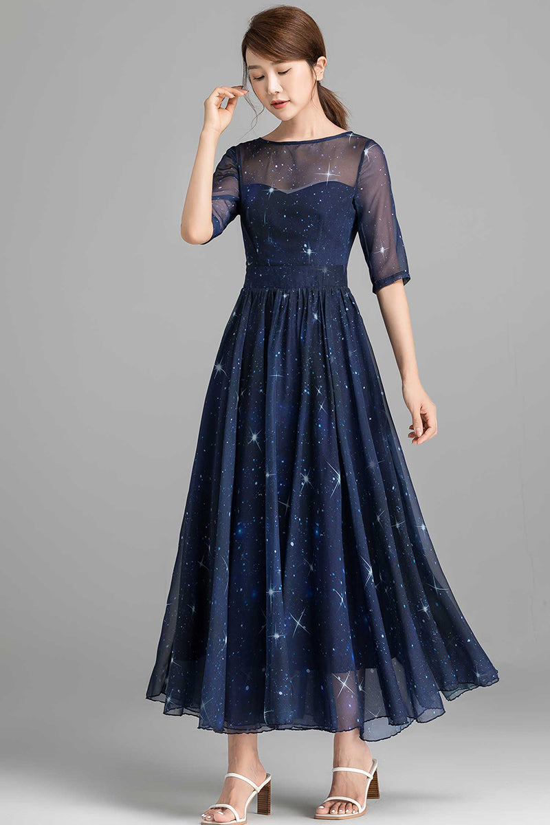 Summer Women Blue Starry Sky Swing Chiffon Midi Dress 2353#