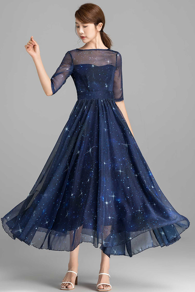 Summer Women Blue Starry Sky Swing Chiffon Midi Dress 2353# - Blue / XS Summer Women Blue Starry Sky Swing Chiffon Midi Dress 2353# - Blue / XS