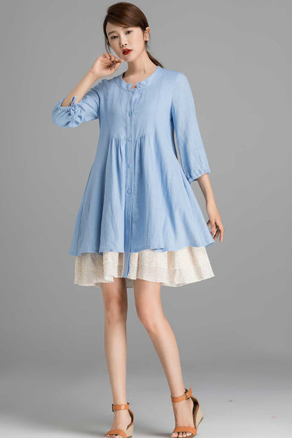 Linen shirt tunic dress in Blue 2358#