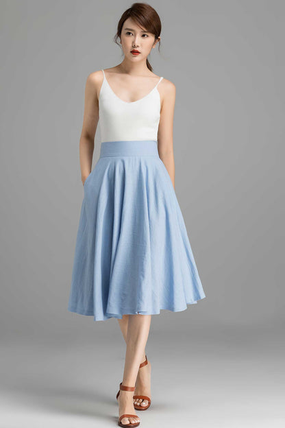 High Waist A-Line Skirt – Light Blue Linen Cotton Circle Skirt with Pockets 2367