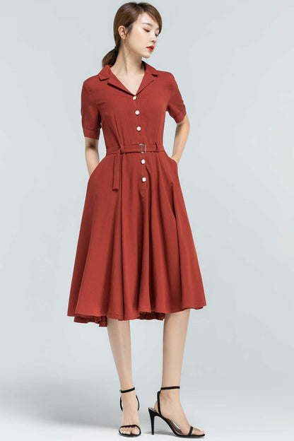 Handmade Linen Cotton Shirt Dress – 50s Swing Midi with Pockets | Xiaolizi 2372