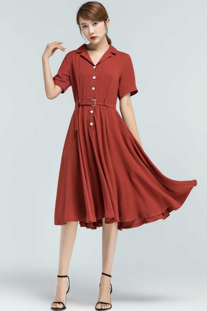 Handmade Linen Cotton Shirt Dress – 50s Swing Midi with Pockets | Xiaolizi 2372