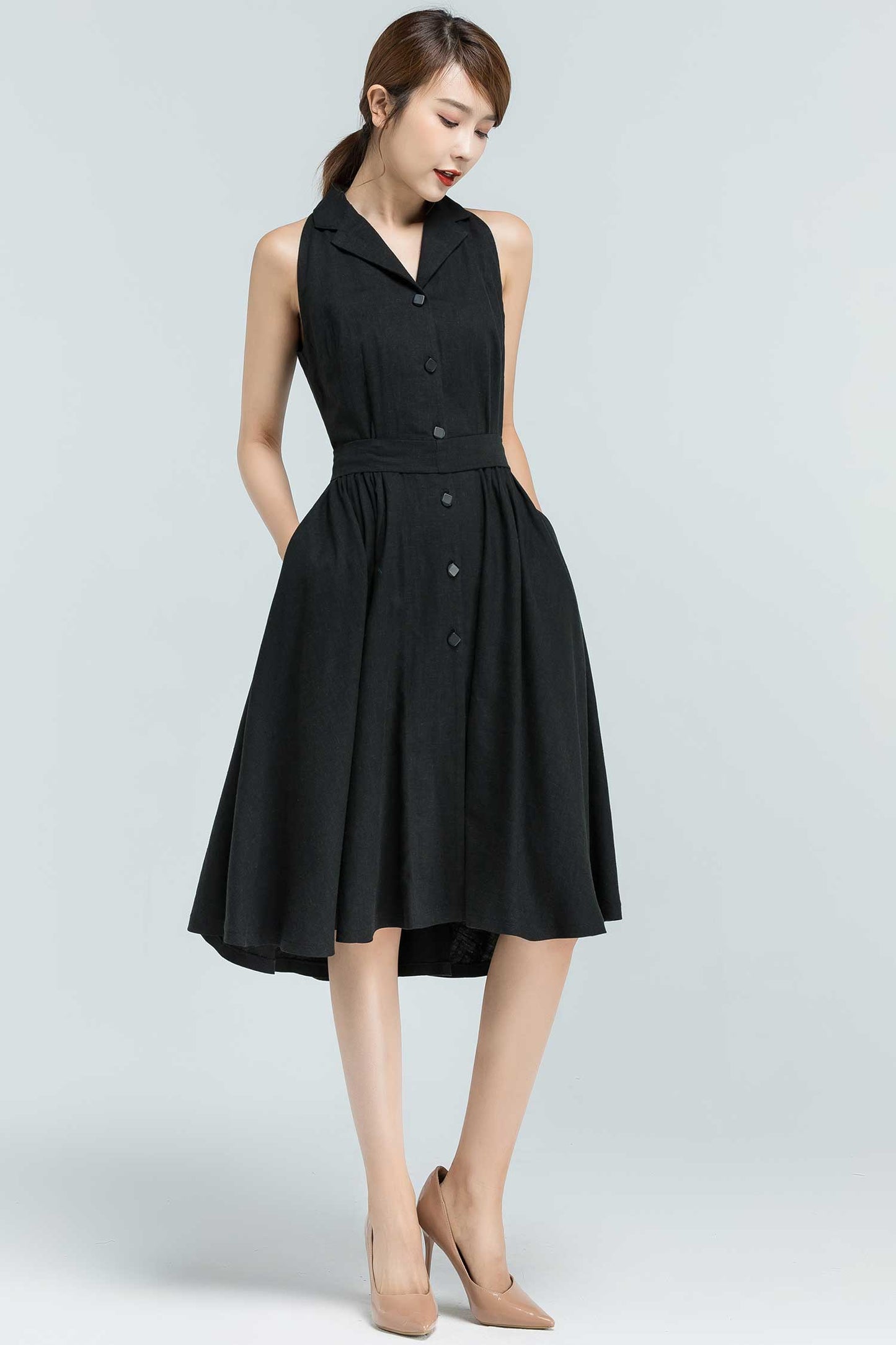 Black Linen Button Down Midi Dress Handmade Summer | Xiaolizi 2135 White / Custom order Black Linen Button Down Midi Dress Handmade Summer | Xiaolizi 2135 White / Custom order