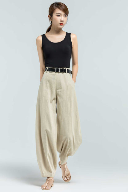Beige Linen Blend Wide Leg Pants - High Waist, Ankle Length 2380