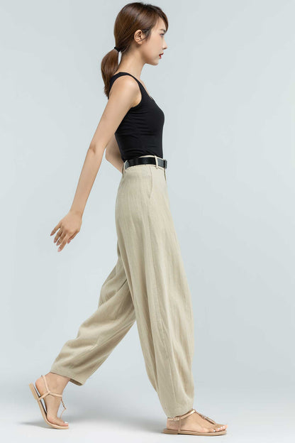 Beige Linen Blend Wide Leg Pants - High Waist, Ankle Length 2380
