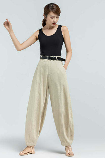 Beige Linen Blend Wide Leg Pants - High Waist, Ankle Length 2380