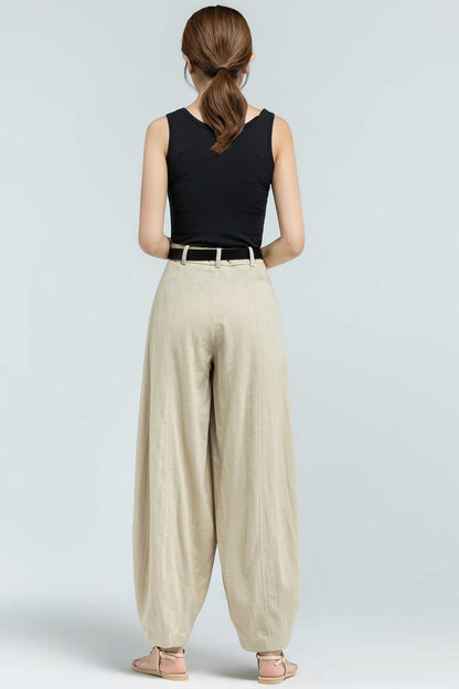 Beige Linen Blend Wide Leg Pants - High Waist, Ankle Length 2380
