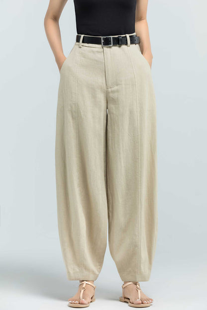 Beige Linen Blend Wide Leg Pants - High Waist, Ankle Length 2380