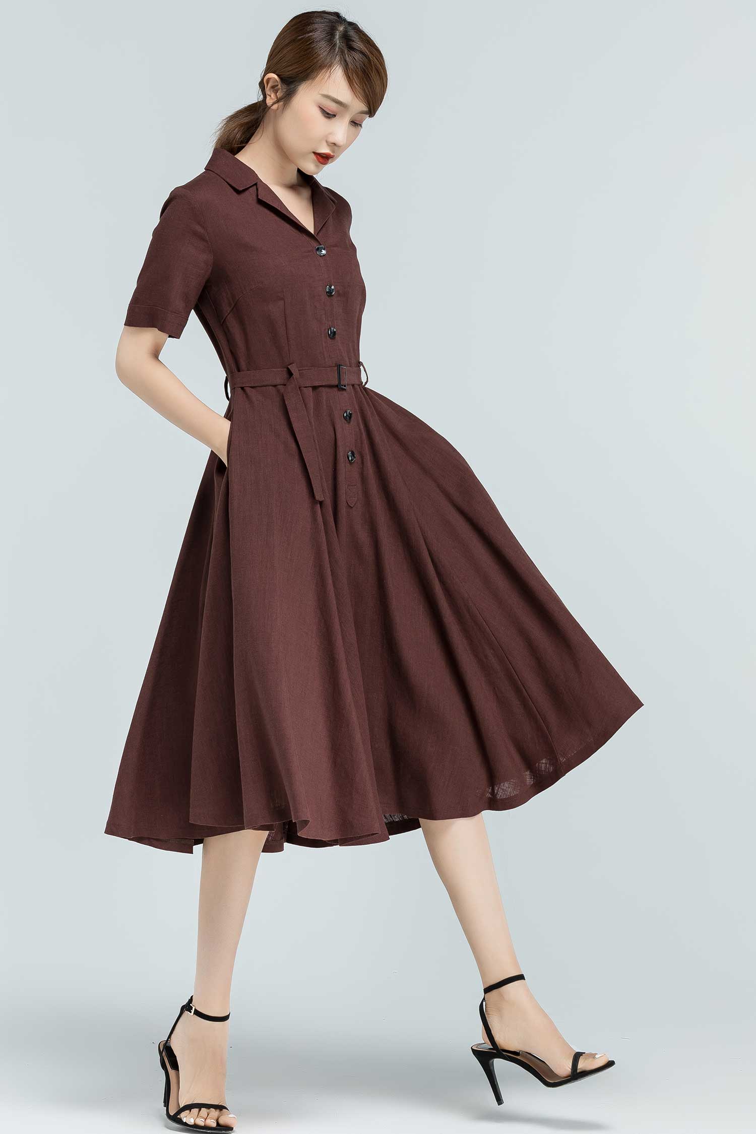50s inspired swing shirt Dress in brown 2382#Brown / XS 50s inspired swing shirt Dress in brown 2382#Brown / XS