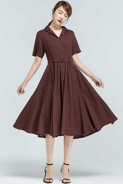 Brown Linen Cotton Midi Swing Shirt Dress - Notched Collar 2382