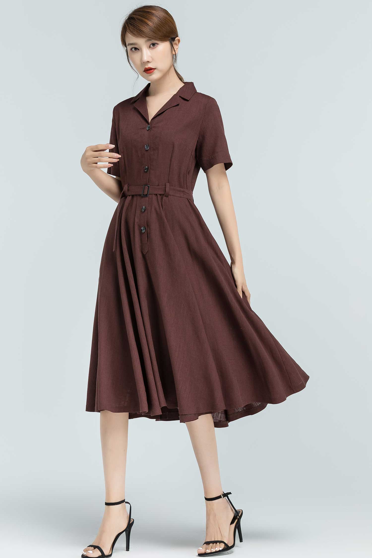 Vintage Beige Shirt Dress – Elegant Midi with Belt