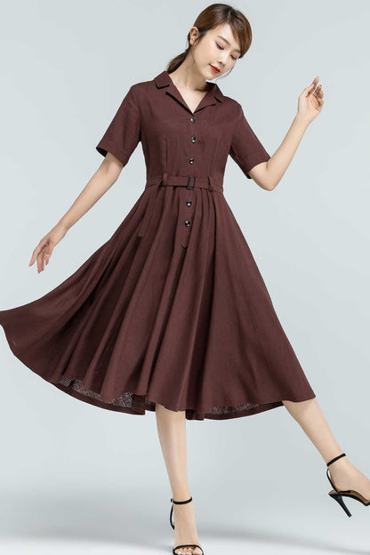 Brown Linen Cotton Midi Swing Shirt Dress - Notched Collar 2382
