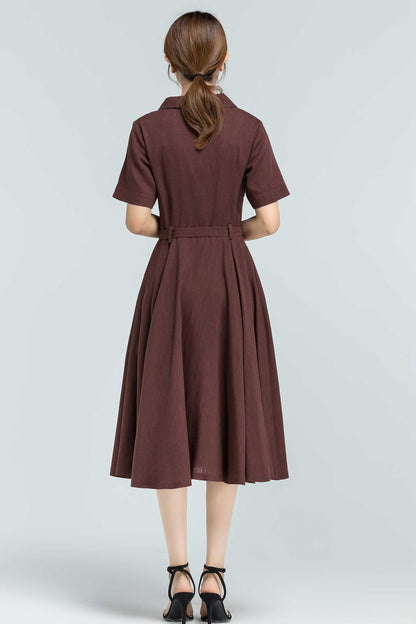 Brown Linen Cotton Midi Swing Shirt Dress - Notched Collar 2382