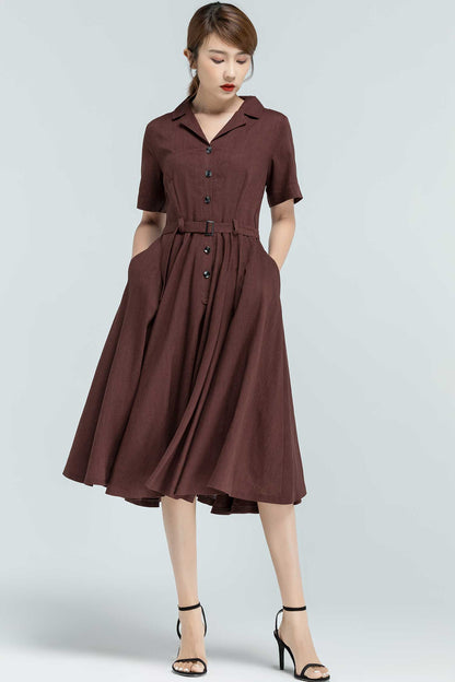 Brown Linen Cotton Midi Swing Shirt Dress - Notched Collar 2382