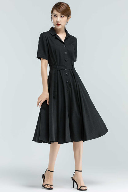 50s Style Black Shirt Dress – Linen Cotton Midi Dress with Pockets 2384