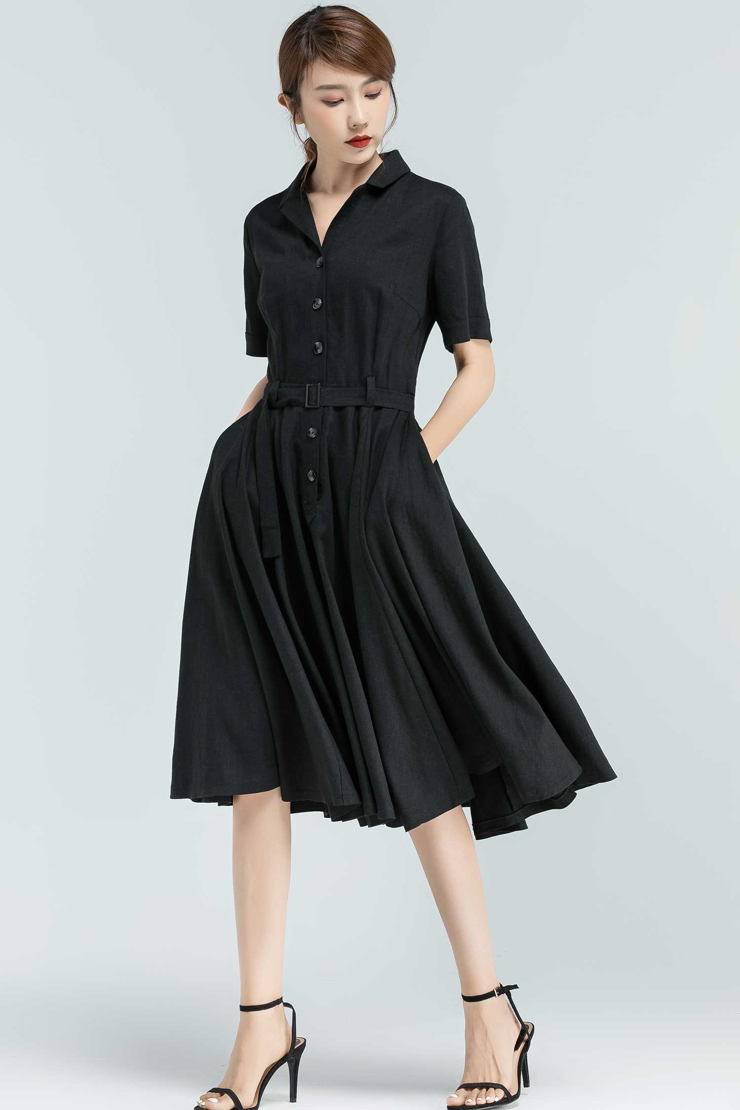Vintage Beige Shirt Dress  Elegant Midi with Belt | Xiaolizi Black / XL