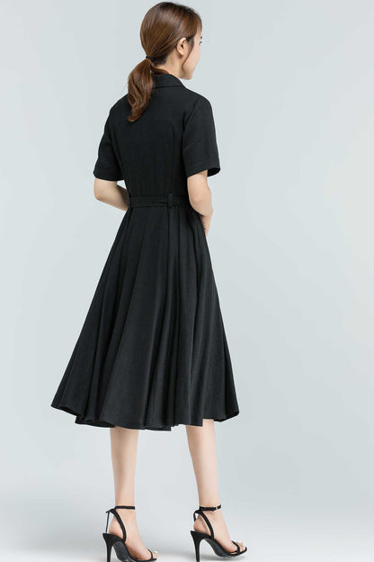 50s Style Black Shirt Dress – Linen Cotton Midi Dress with Pockets 2384