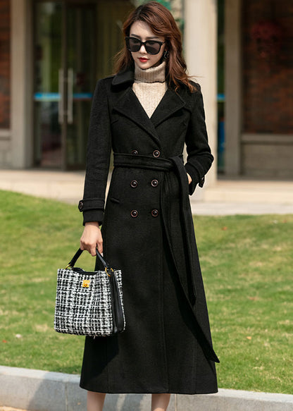 Navy Wool Maxi Coat - Double Breasted A-Line with Belt 2459